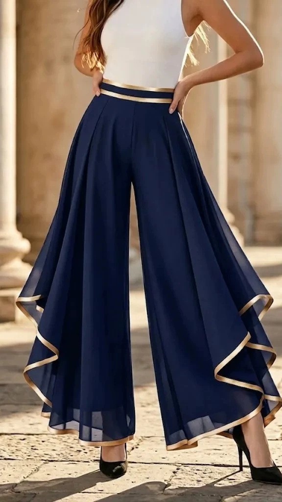 Women's Fashion Spliced ​​& Piped Layered Chiffon High-Waisted Casual Wide-Leg Pants