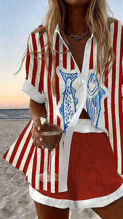 Women's Striped & Color-Block Sardine Print Set — Lapel, Button-Front, Short-Sleeve Top & Shorts