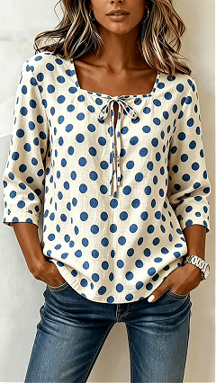 Women's Square Neck Tie Detail Vintage Polka Dot Top