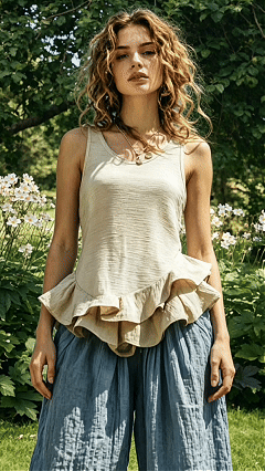 Women's Cotton-Linen Ruffle Sleeveless Vest Top