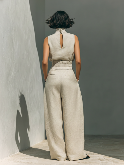 Women's Minimalist Cotton And Linen Blend Sleeveless Blouse And Wide-leg Pants Set