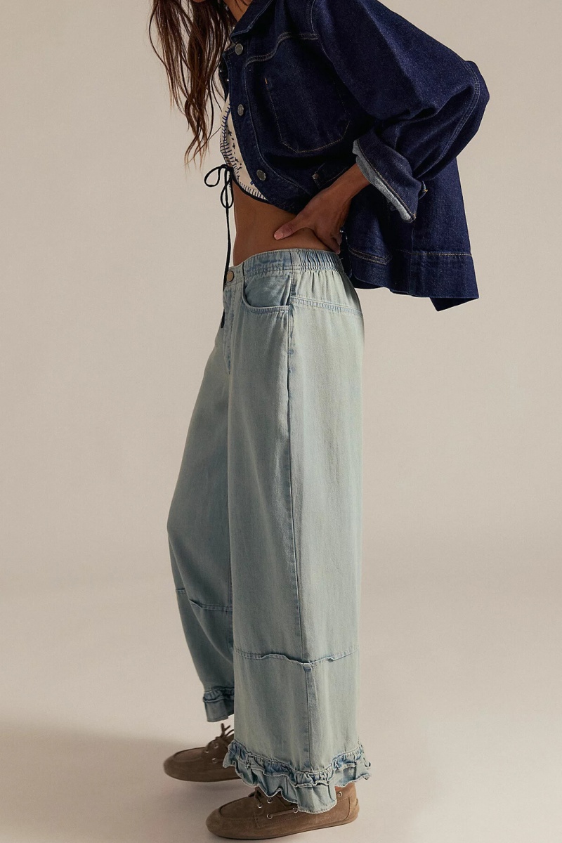 Women's fashionable casual wide-leg cropped jeans with ruffled hem