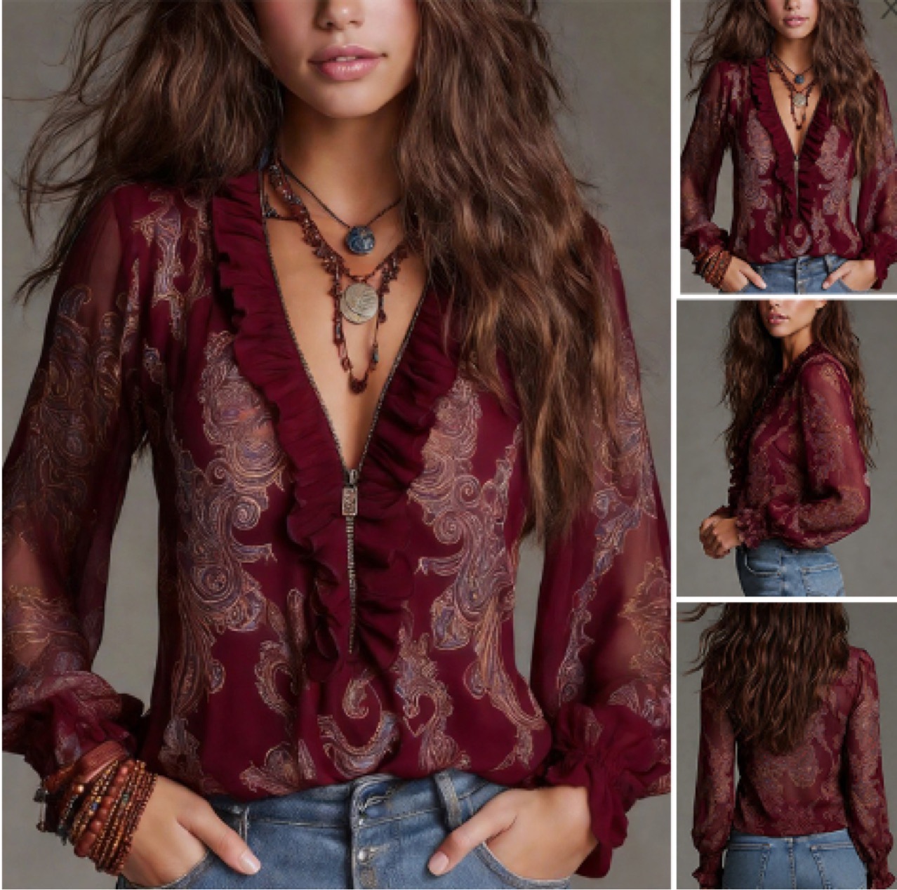 Women's Baroque Paisley Ruffled Zip-Front Chiffon Blouse