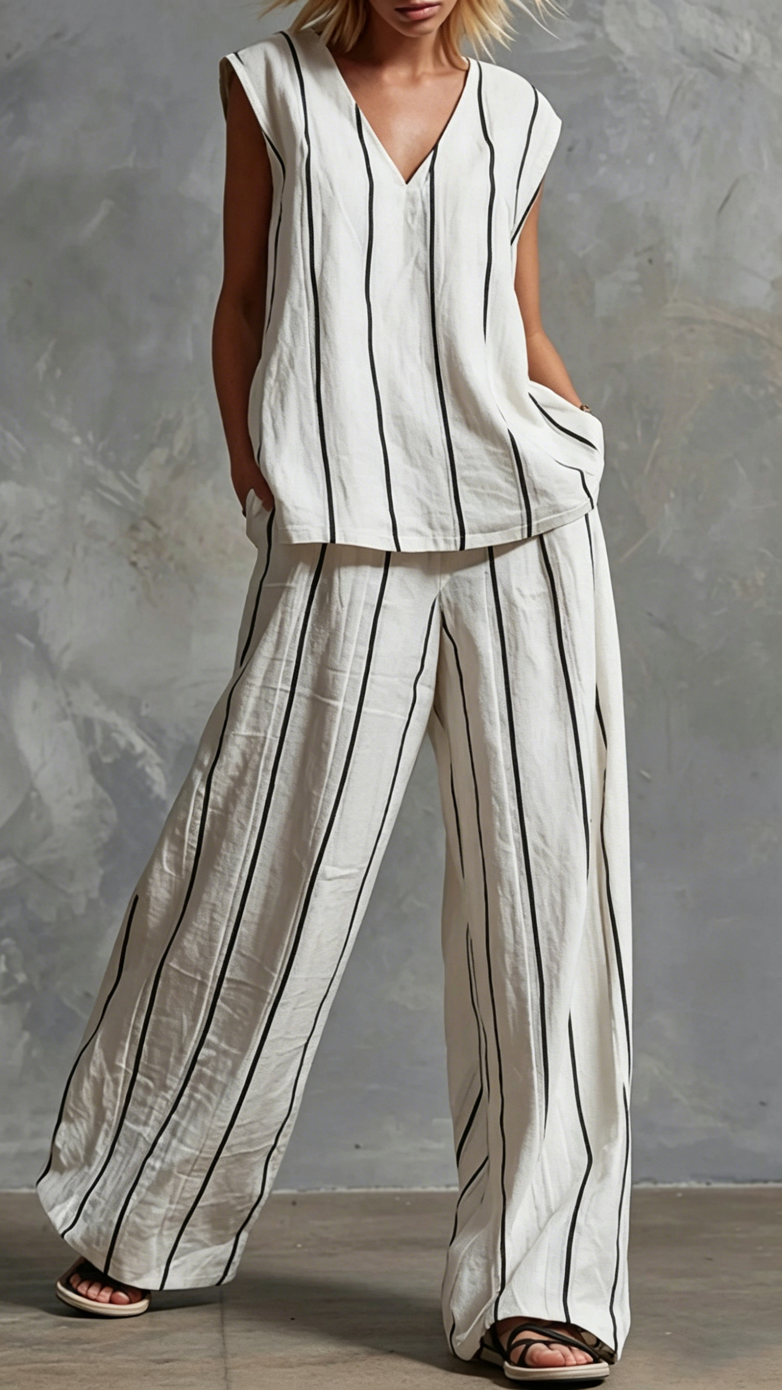 Women's Vertical-Stripe Loose-Fit Slimming Cotton-Linen Two-Piece Set