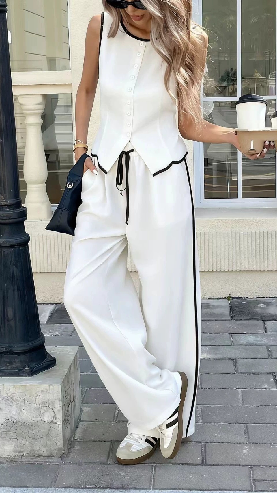 Women's Elegant Sleeveless Top and Trousers Set with Contrast Piping