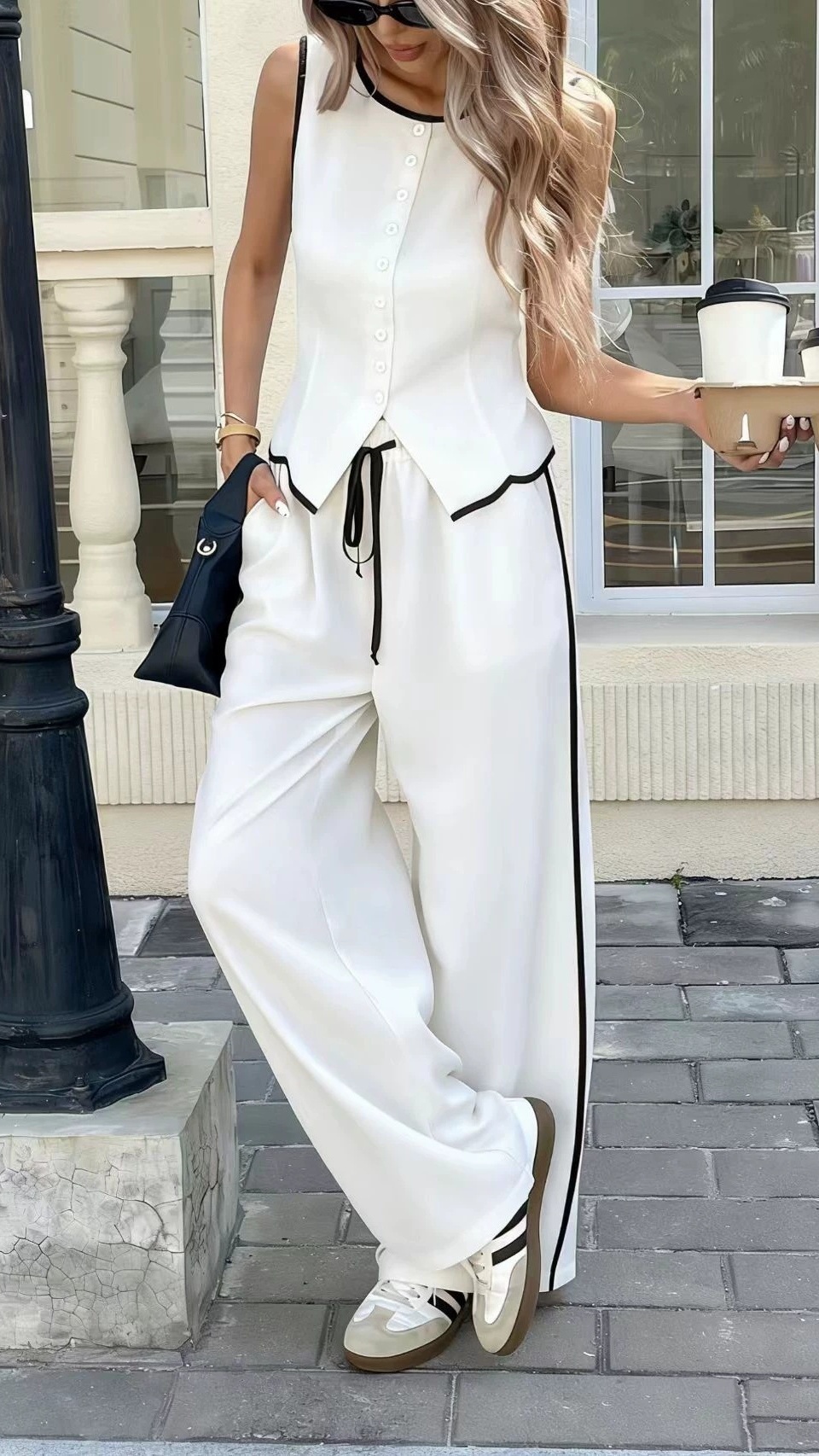 Women's Elegant Sleeveless Top and Trousers Set with Contrast Piping