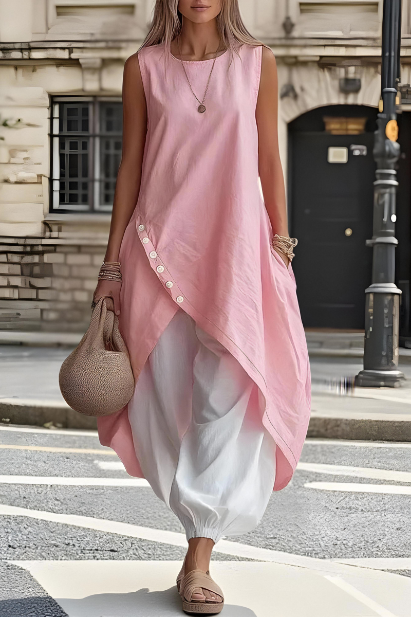 Women's Everyday Round-Neck Linen Midi Dress with Asymmetrical Hem and Pockets