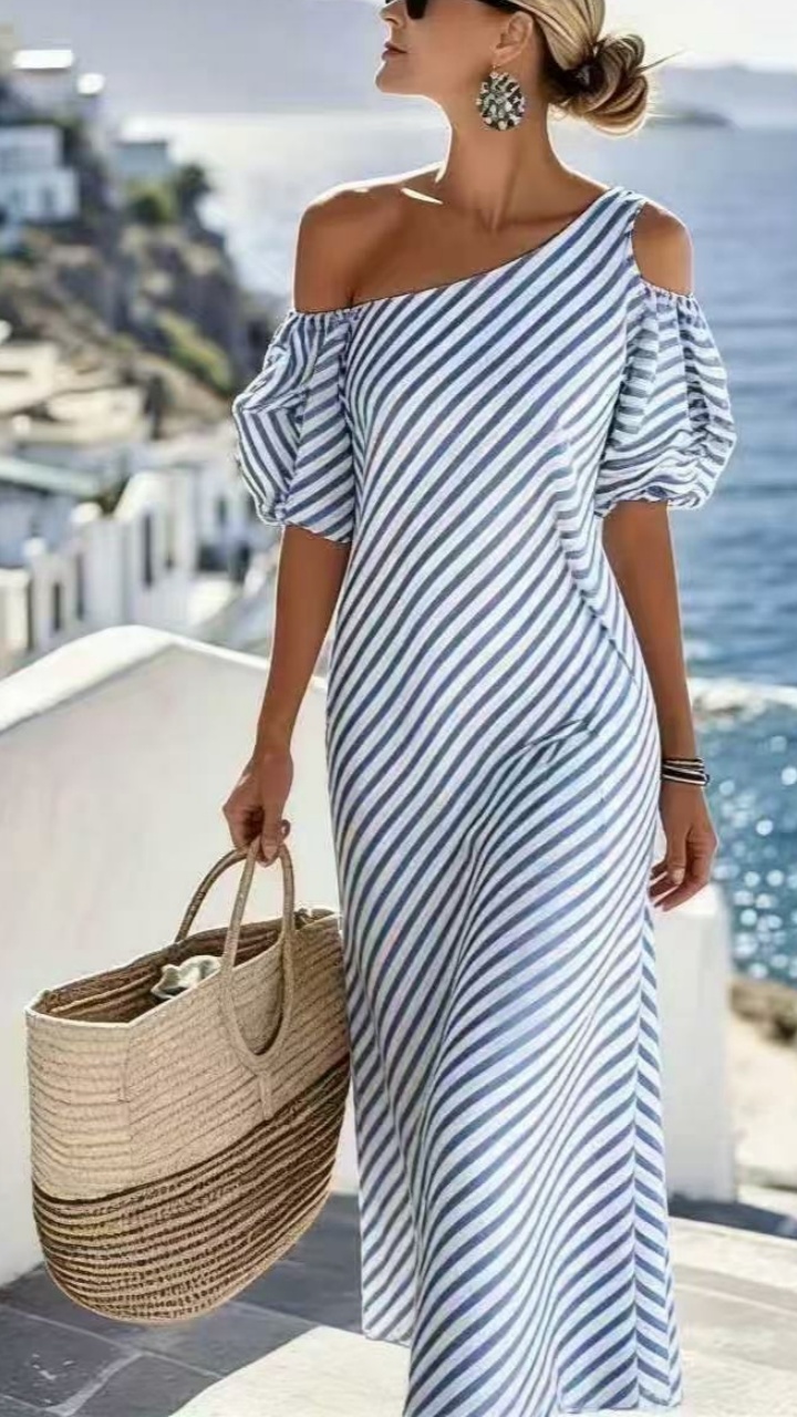 Elegant striped off-shoulder beach dress for women