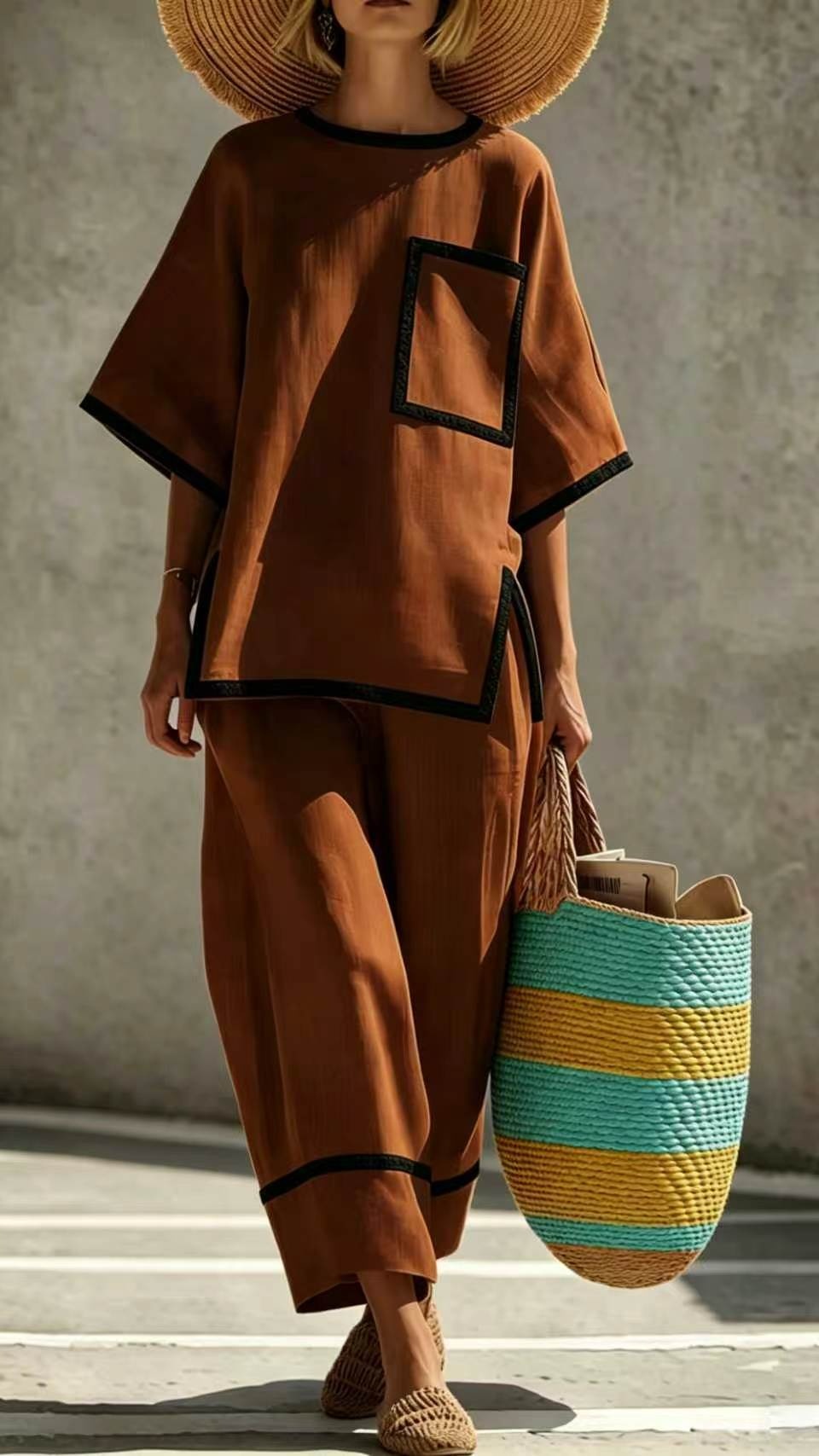 Women's Casual & Commuter Two-Piece Set: Comfortable, Loose-Fit Cotton-Linen Outfit with Round Neckline