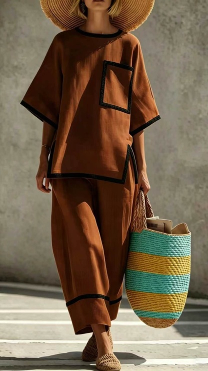 Women's Casual & Commuter Two-Piece Set: Comfortable, Loose-Fit Cotton-Linen Outfit with Round Neckline