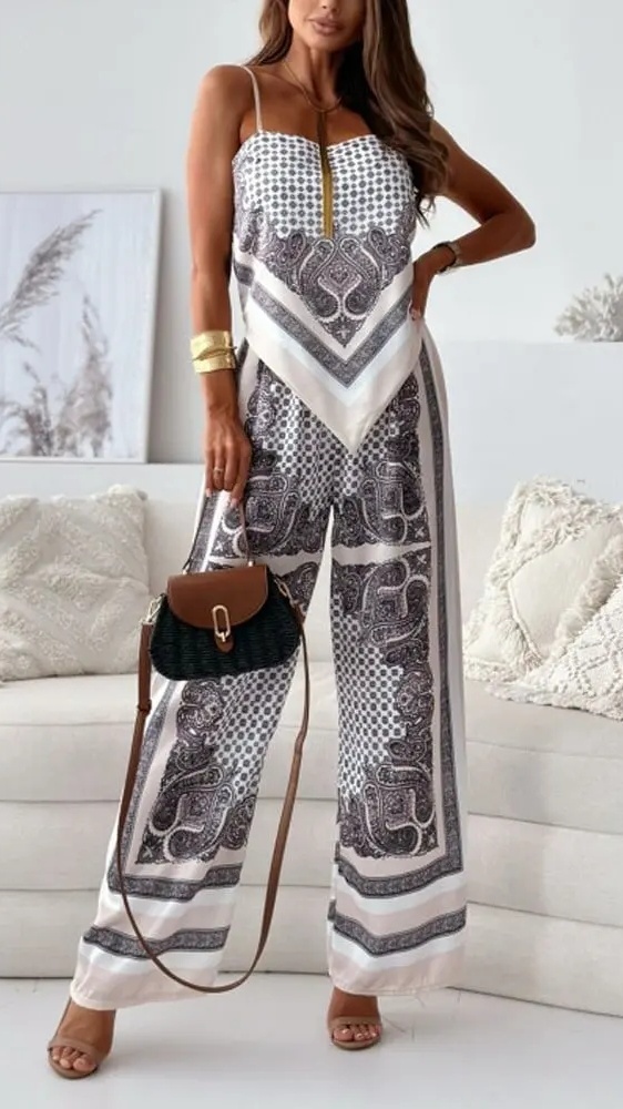 Women's Fashion Two-Piece Set: Printed Spaghetti Strap Bandeau Top + Allover-Print Trousers