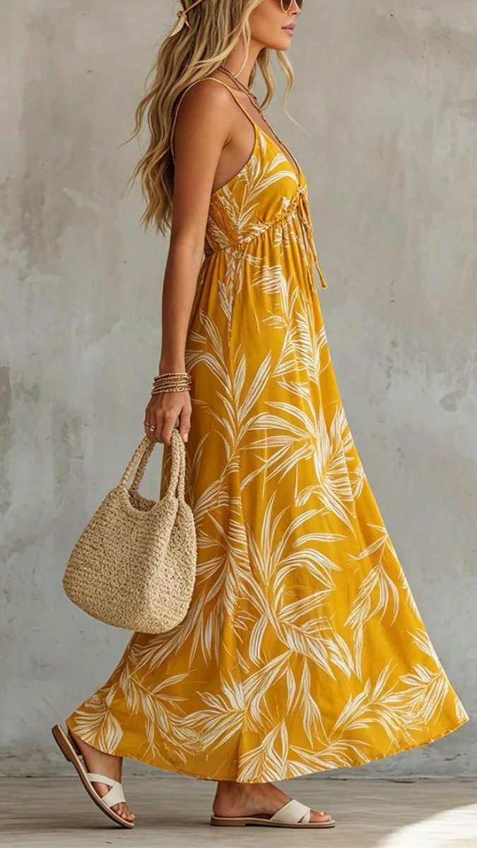 Women's Printed Yellow Sleeveless V-Neck Maxi Dress