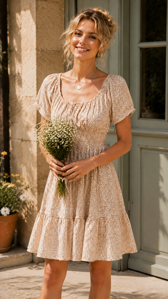 Woman wearing vintage floral puff sleeve mini dress for summer