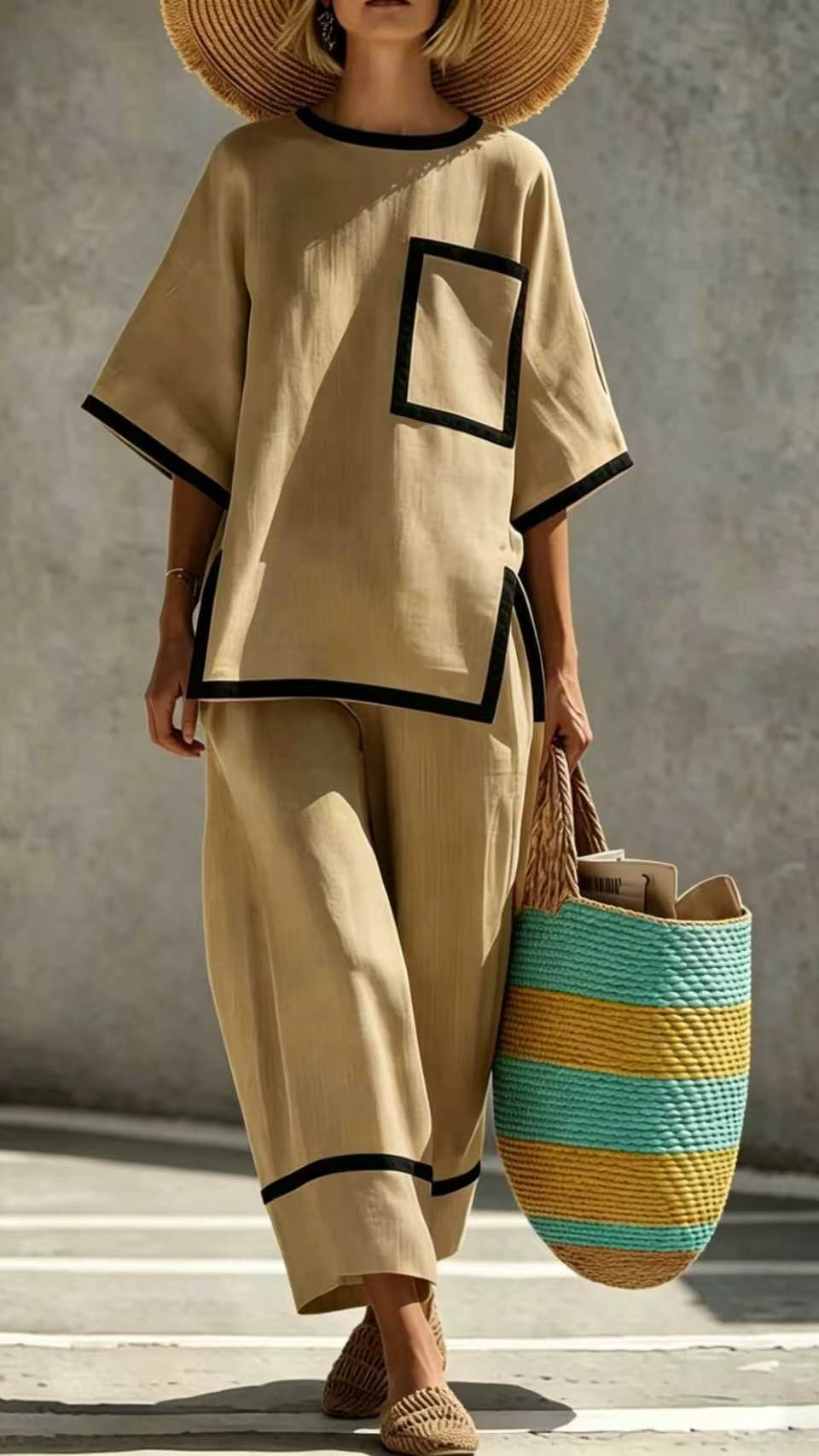 Women's Casual & Commuter Two-Piece Set: Comfortable, Loose-Fit Cotton-Linen Outfit with Round Neckline