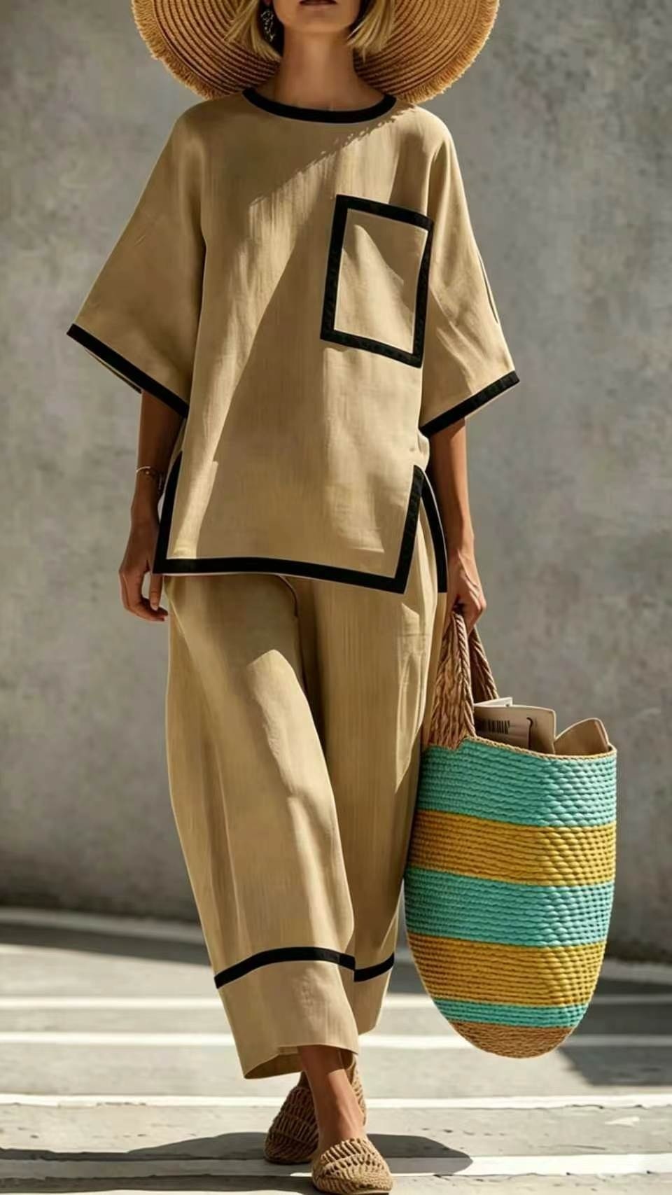 Women's Casual & Commuter Two-Piece Set: Comfortable, Loose-Fit Cotton-Linen Outfit with Round Neckline