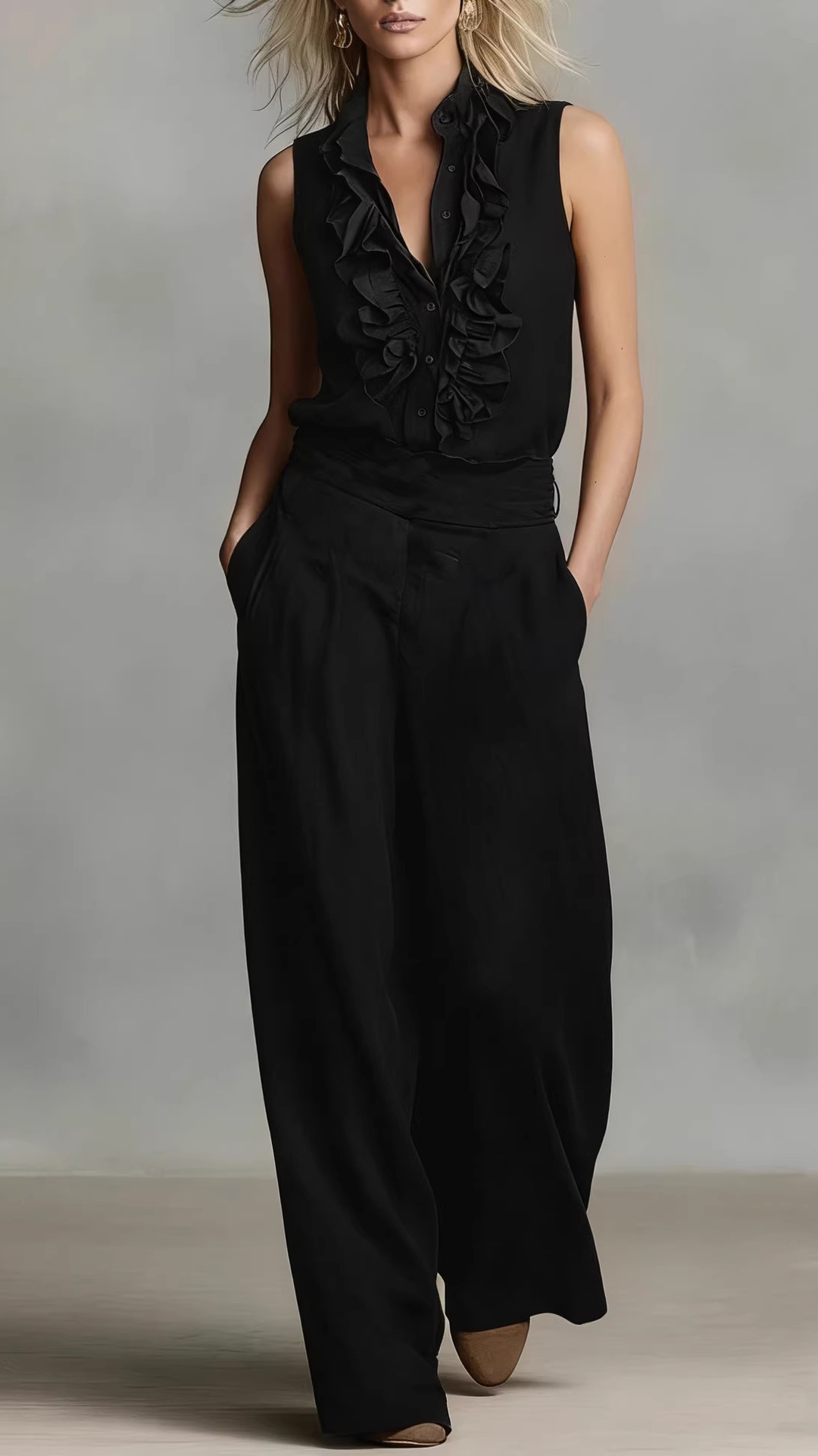 Women's Simple Linen-Blend Sleeveless Shirt and Wide-Leg Pants Set