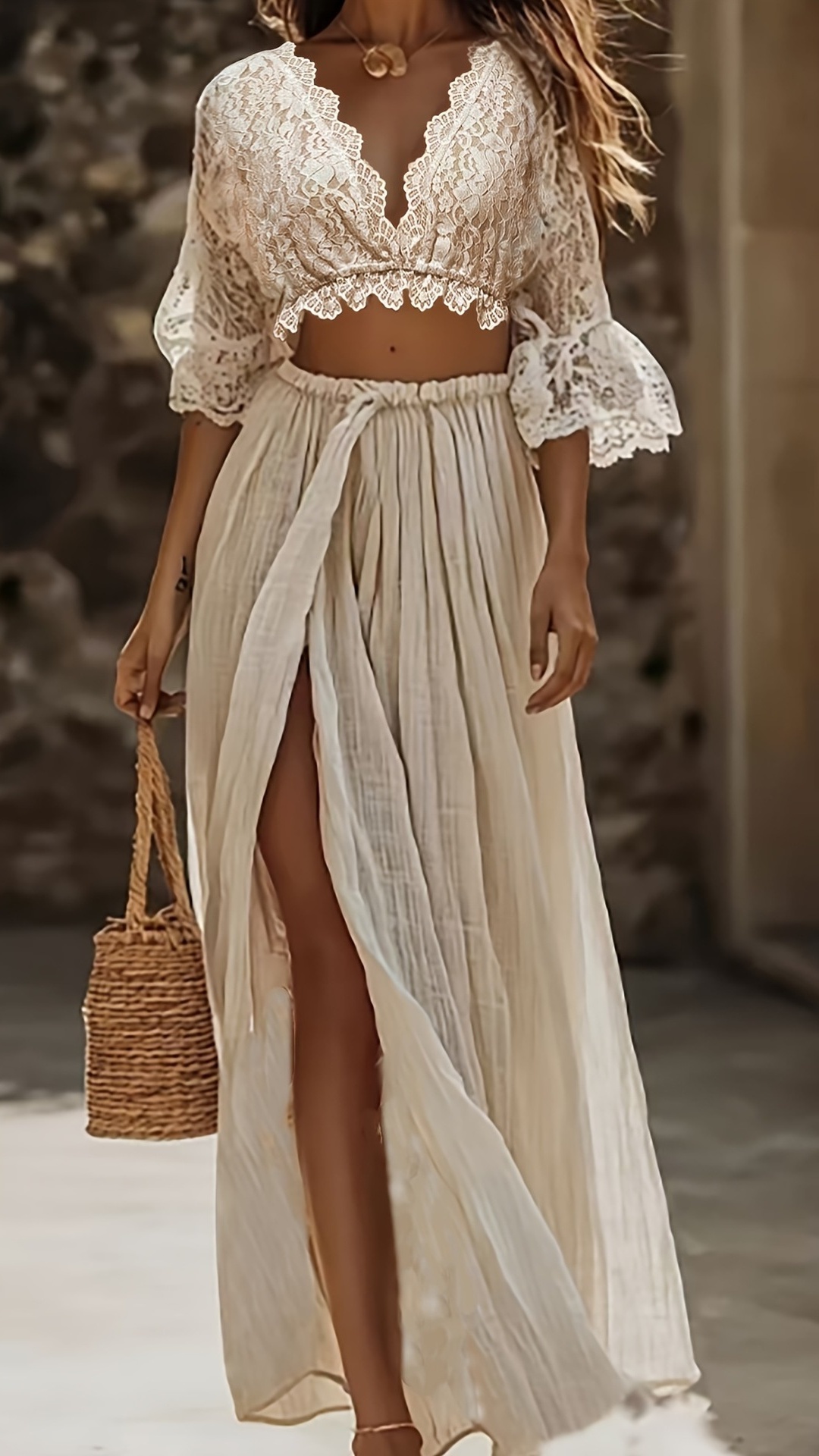 Women's Elegant Beach Set: Lace-Paneled Skirt and Top