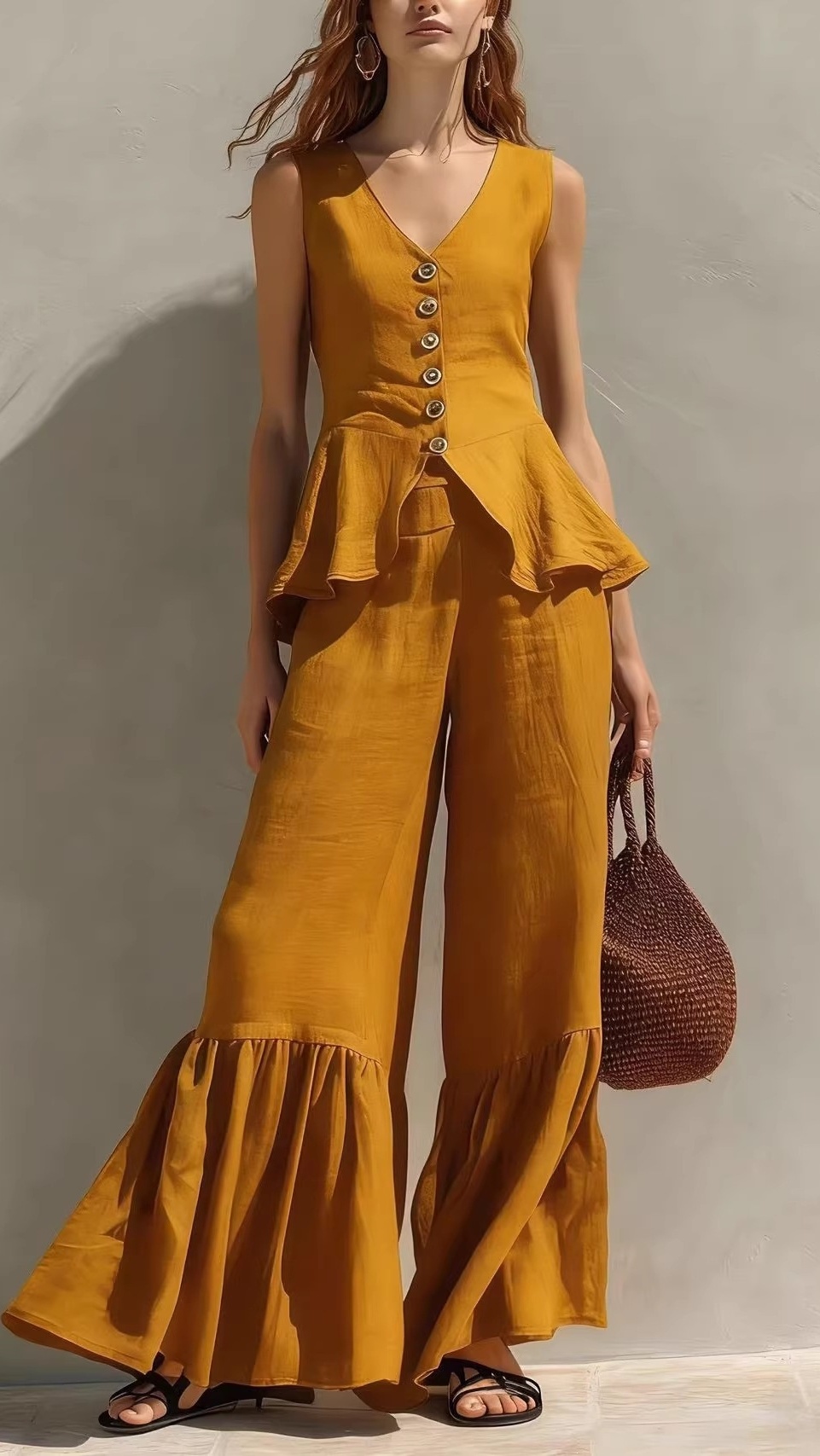 Women's V-Neck Button-Front Top & Linen Ruffled Wide-Leg Pants