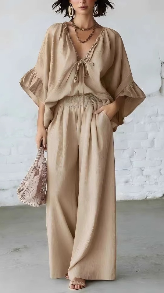 Women's Casual Vacation Two-Piece Set: Loose-Fit Cotton-Linen V-Neck Top and Wide-Leg Pants