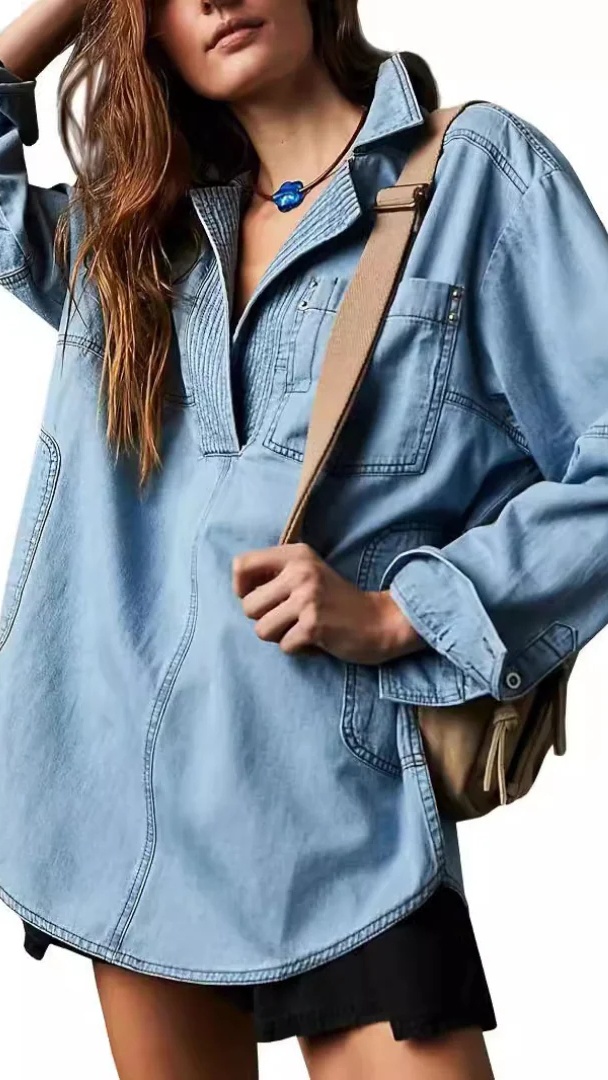 Women's Stylish V-Neck Denim Top