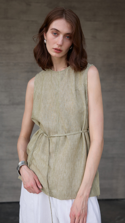 Women's Pure Linen Sleeveless Tie-Front Loose Top