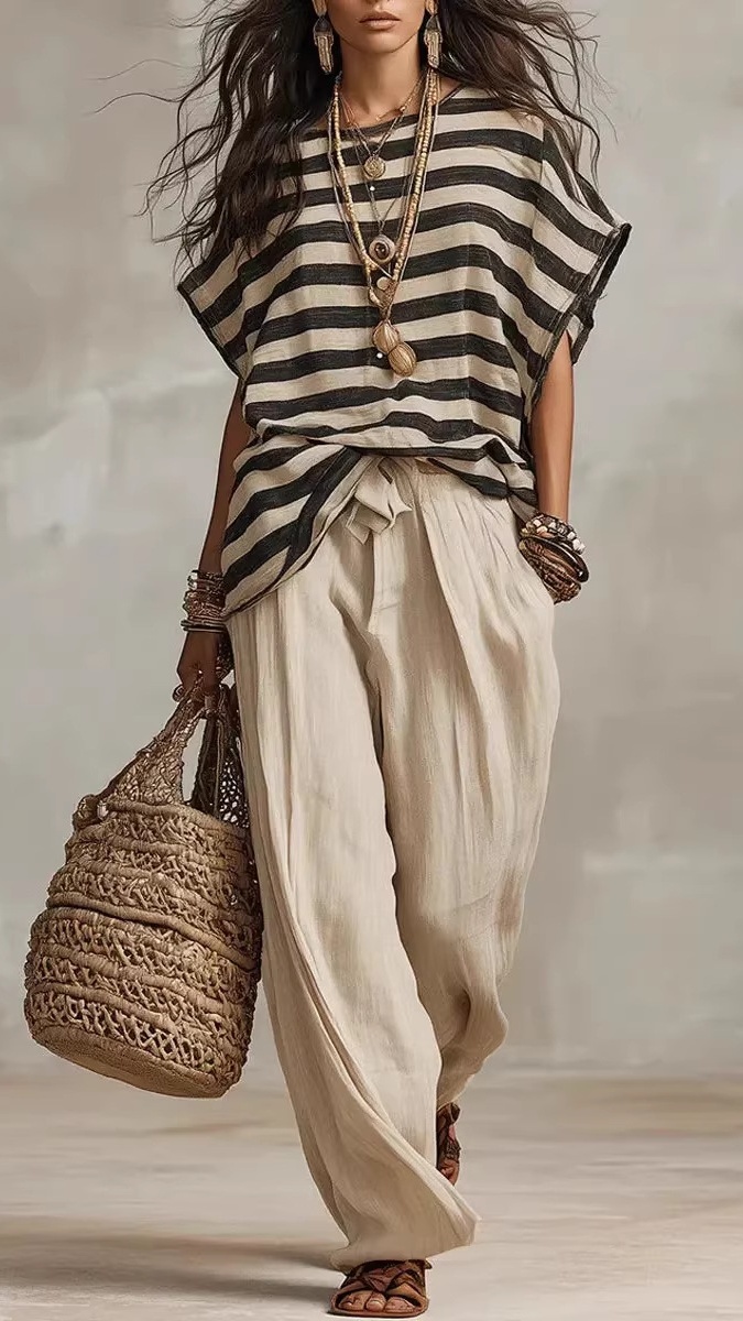 Women's Fashion Casual Striped Print Crew Neck Loose-Fit Short-Sleeve Loungewear Set
