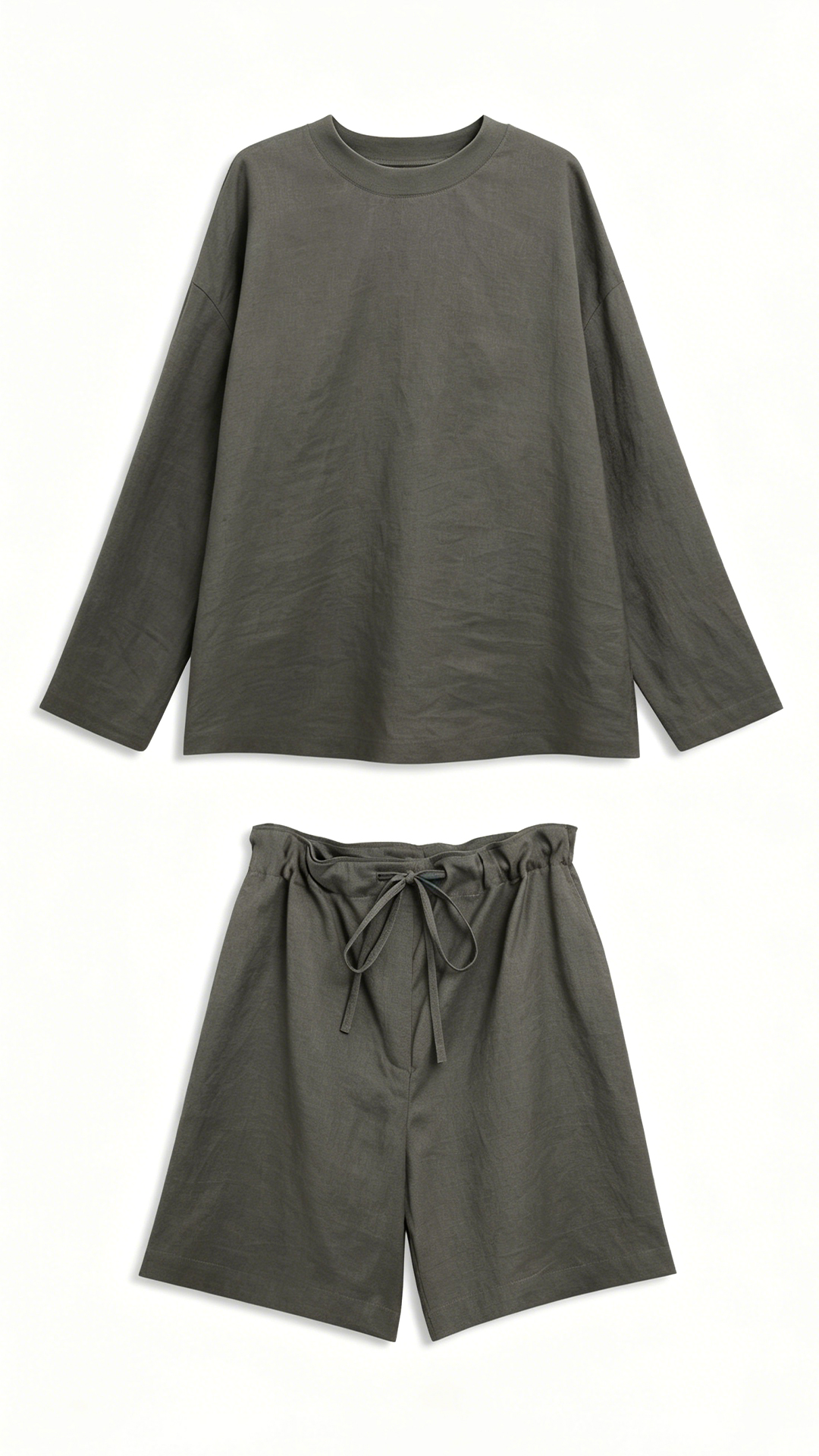 Linen relaxed-fit breathable long sleeve T-shirt set with shorts，casual lounge two-piece set