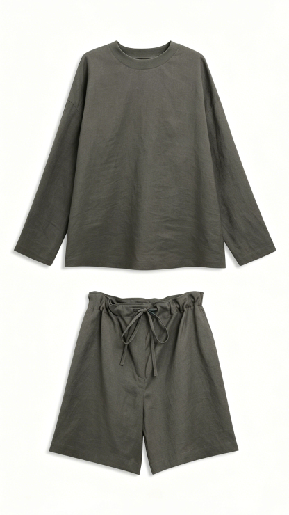 Linen relaxed-fit breathable long sleeve T-shirt set with shorts，casual lounge two-piece set