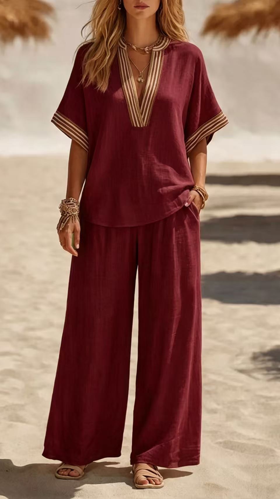 [Copy]Women's Vacation-Style "Hot Girl" Two-Piece Set: Spaghetti Strap Top & Trousers