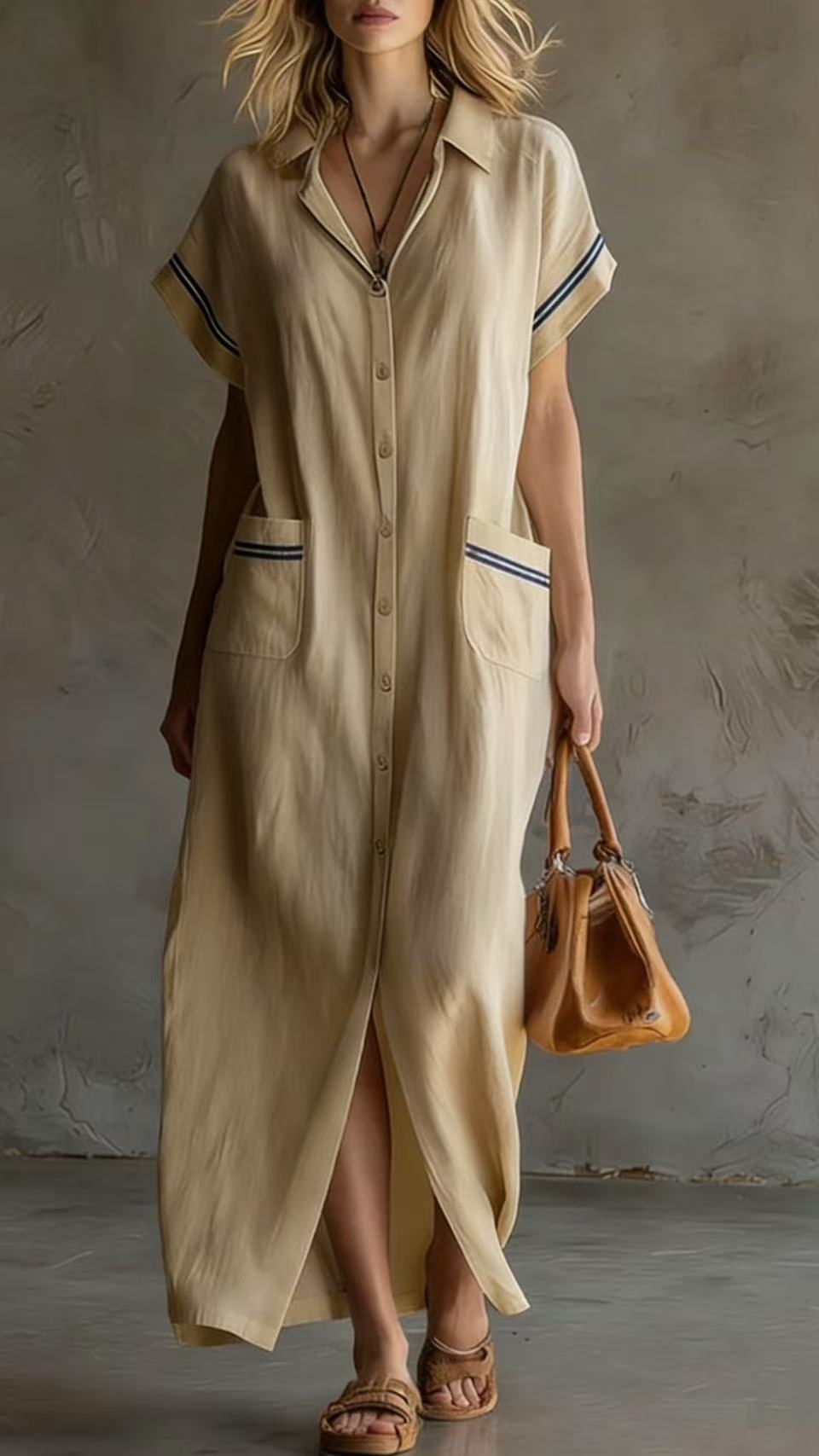 Women's Elegant Commuter-Style Short-Sleeve Color-Block Loose Long Shirt Dress