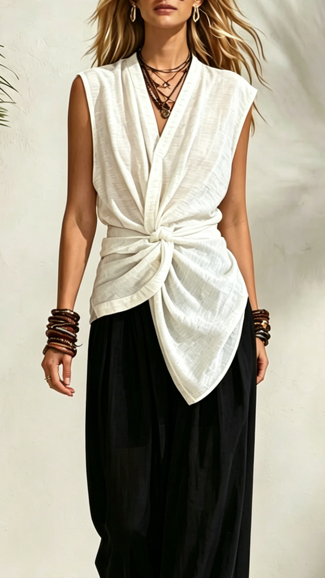 Women's Cotton Blend V-neck Sleeveless Twist Front Top