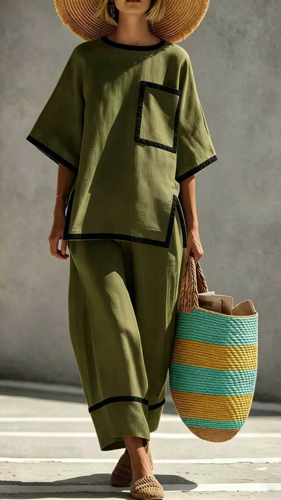 Women's Casual & Commuter Two-Piece Set: Comfortable, Loose-Fit Cotton-Linen Outfit with Round Neckline