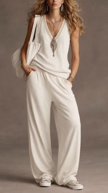 Women's V-Neck Sleeveless Wide-Leg Pants Two-Piece Set