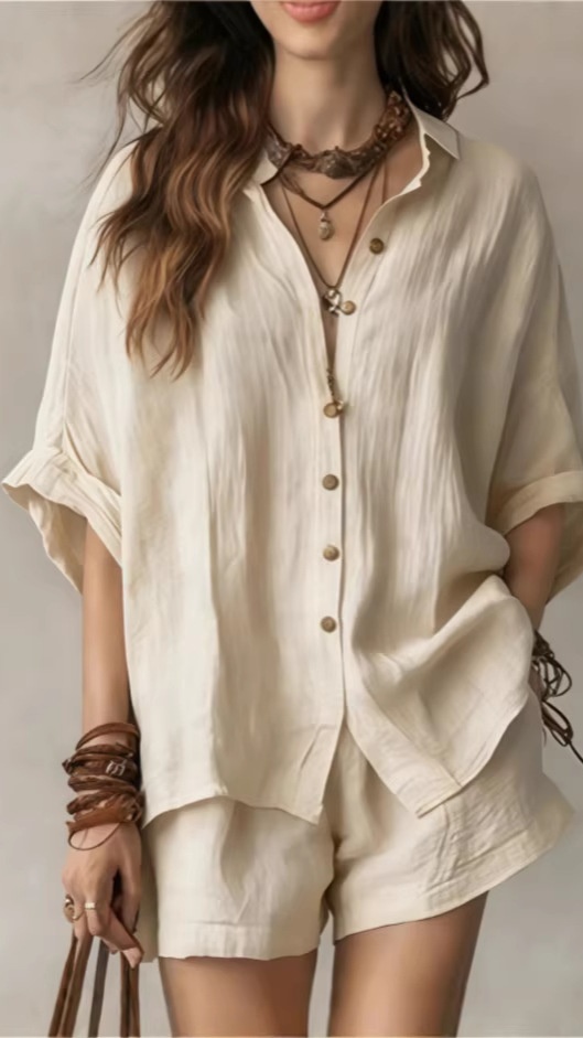 Women's Casual Solid-Color Shirt Two-Piece Set