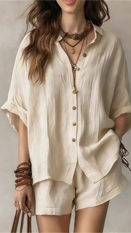 Women's Casual Solid-Color Shirt Two-Piece Set