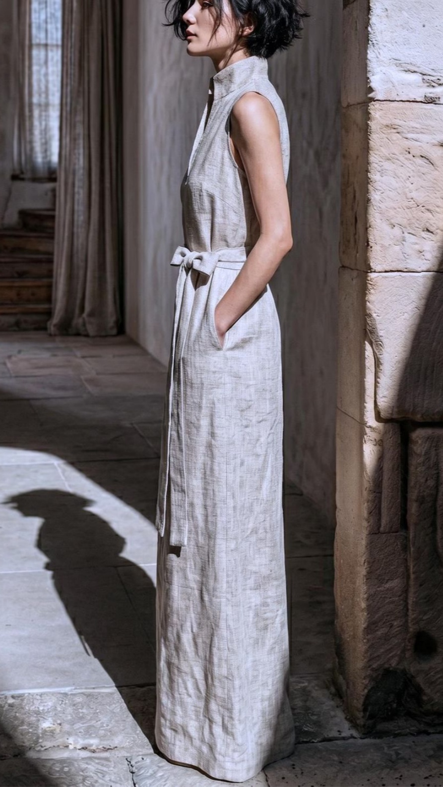 Women's Sleeveless Linen Maxi Dress with Stand Collar, Waist Tie, and Vest-Style Bodice