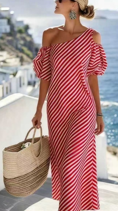 Elegant striped off-shoulder beach dress for women