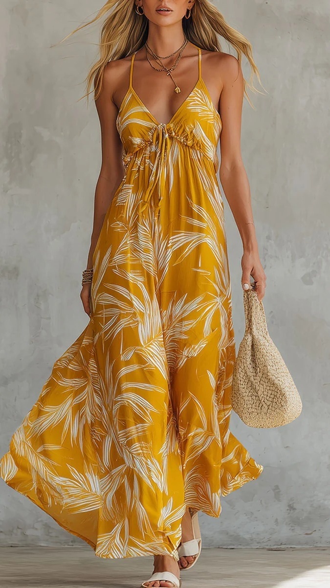 Women's Printed Yellow Sleeveless V-Neck Maxi Dress