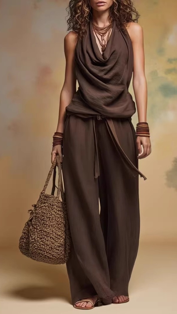 Women's Laid-back & Chic Vintage Solid-Color Top and Wide-Leg Pants Set