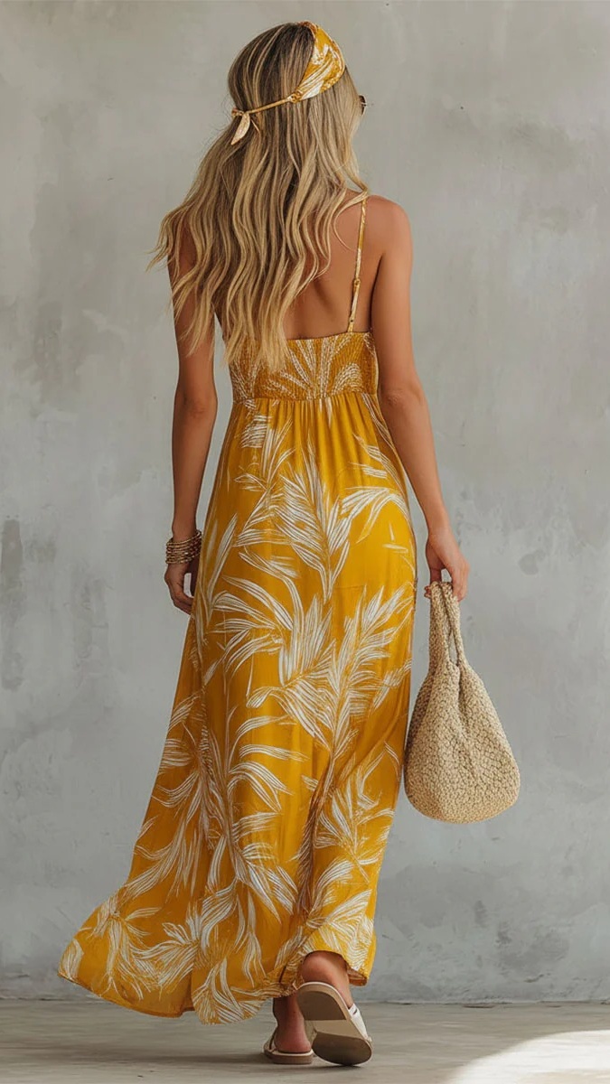Women's Printed Yellow Sleeveless V-Neck Maxi Dress