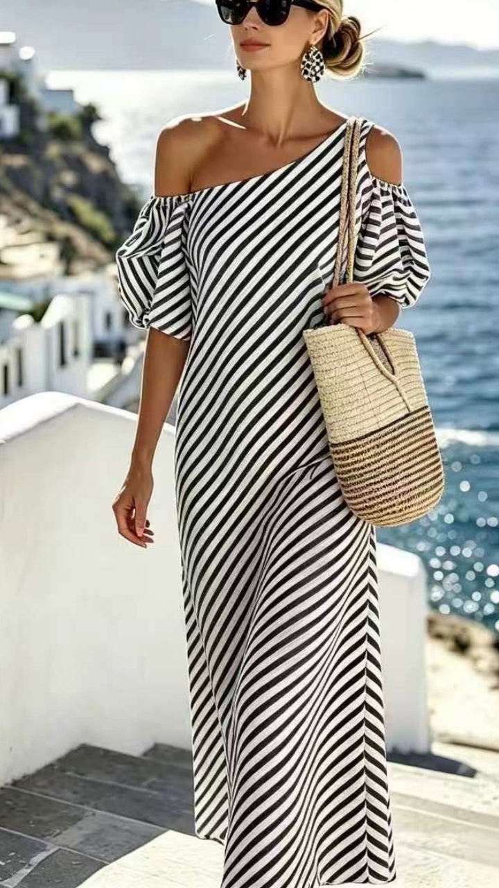Elegant striped off-shoulder beach dress for women