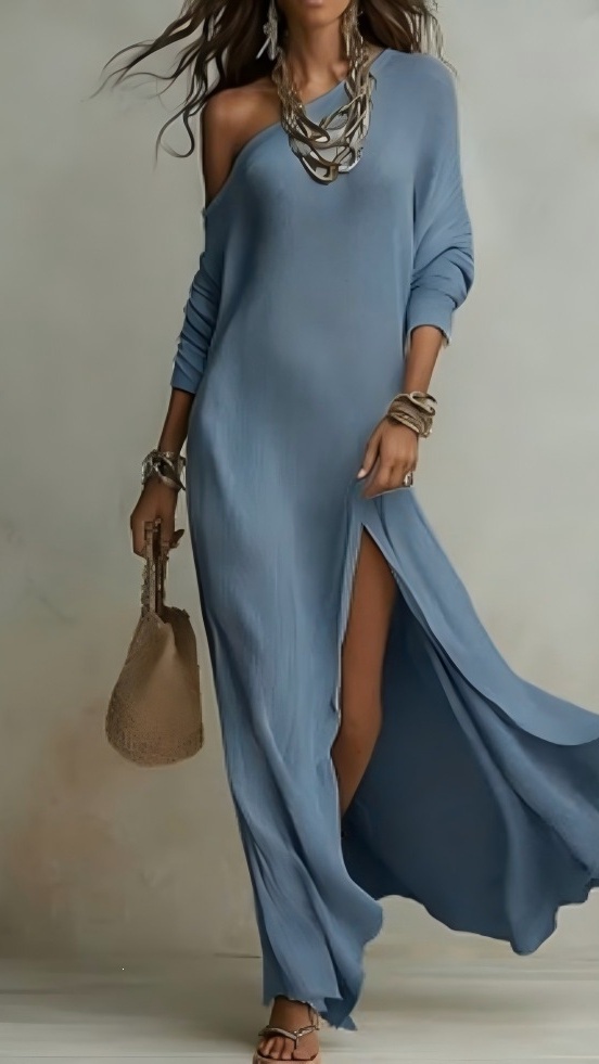 Women's Elegant Long-Sleeve Knitted Dress with Pleats and Slit