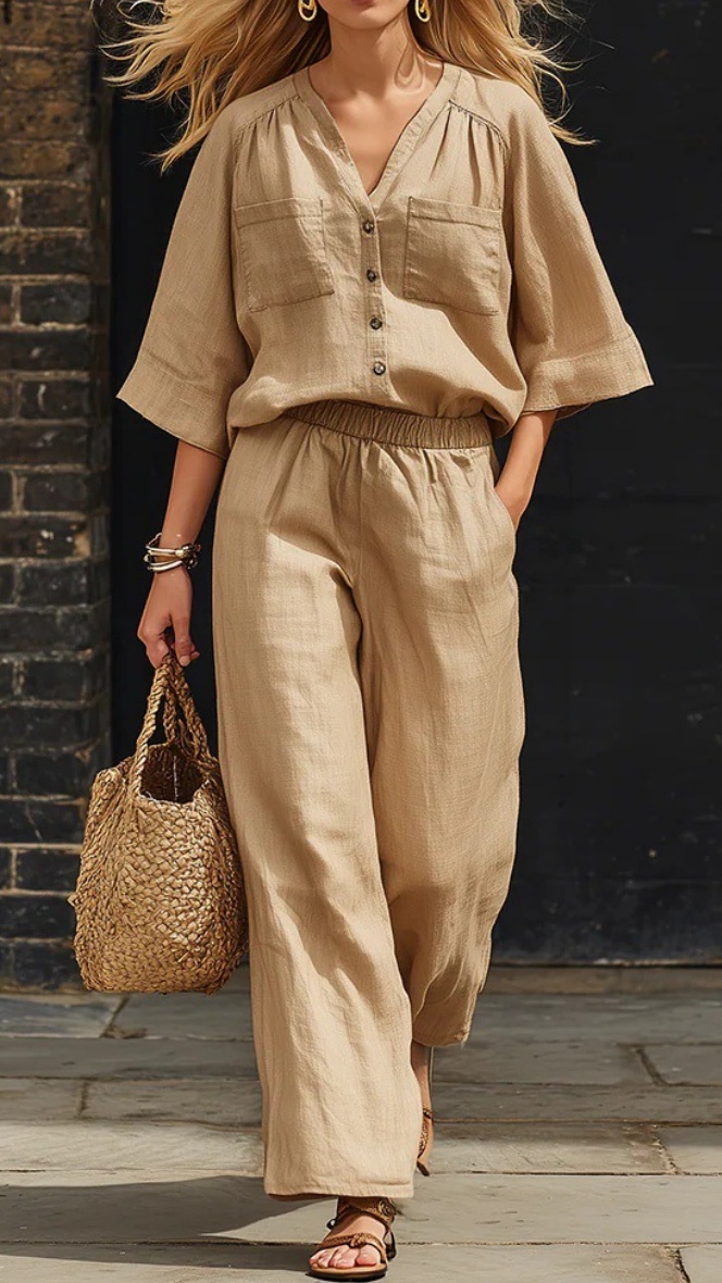 Women's Simple Linen Two-Piece Set: Button-Up Top and Wide-Leg Pants