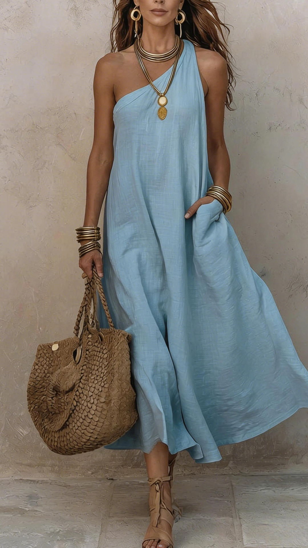 Women's Cotton-Blend One-Shoulder Sleeveless Maxi Dress
