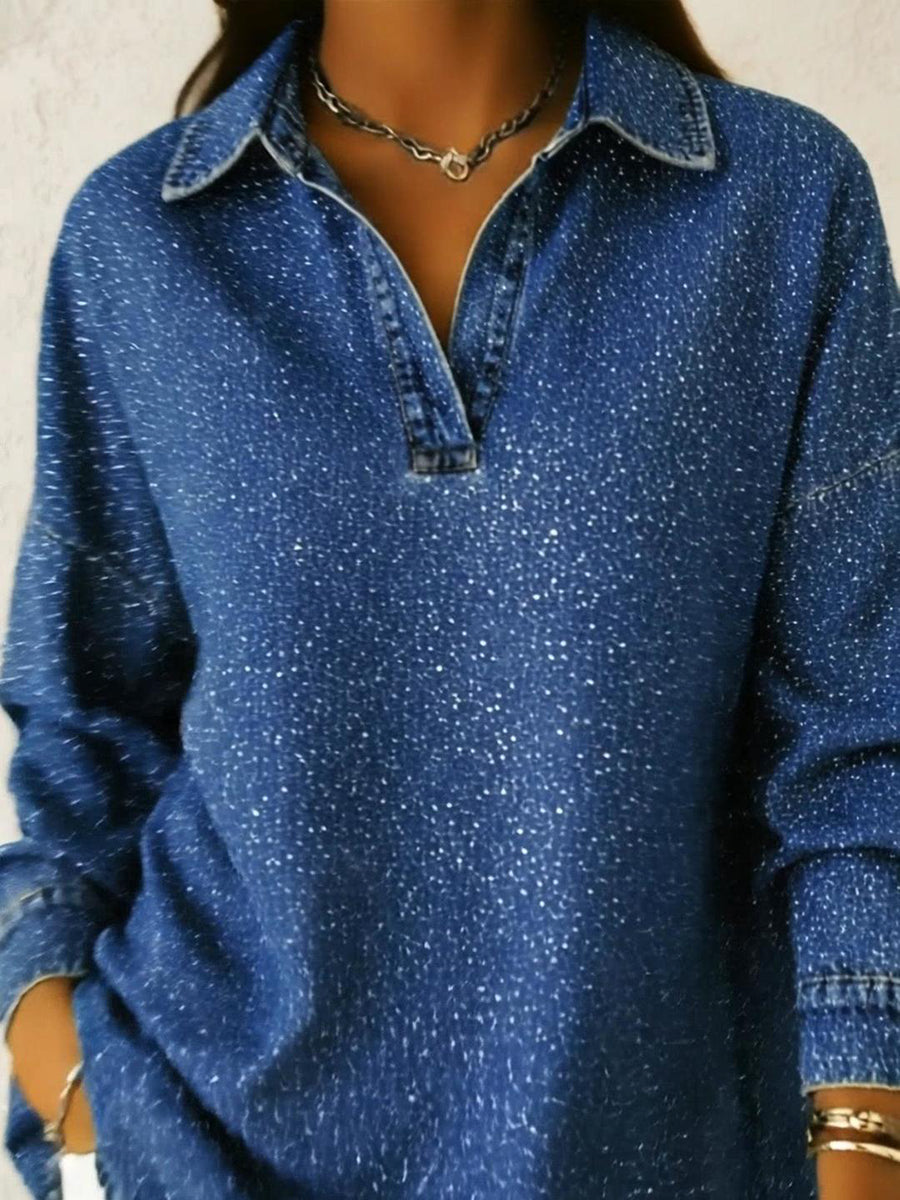 Shimmering Sequin-Detail Denim Polo Top – Effortless Style Meets Subtle Glam 50% OFF