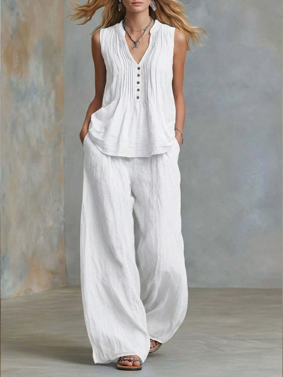 Casual Linen And Cotton Pleated Sleeveless Top And Pants Two-piece Set