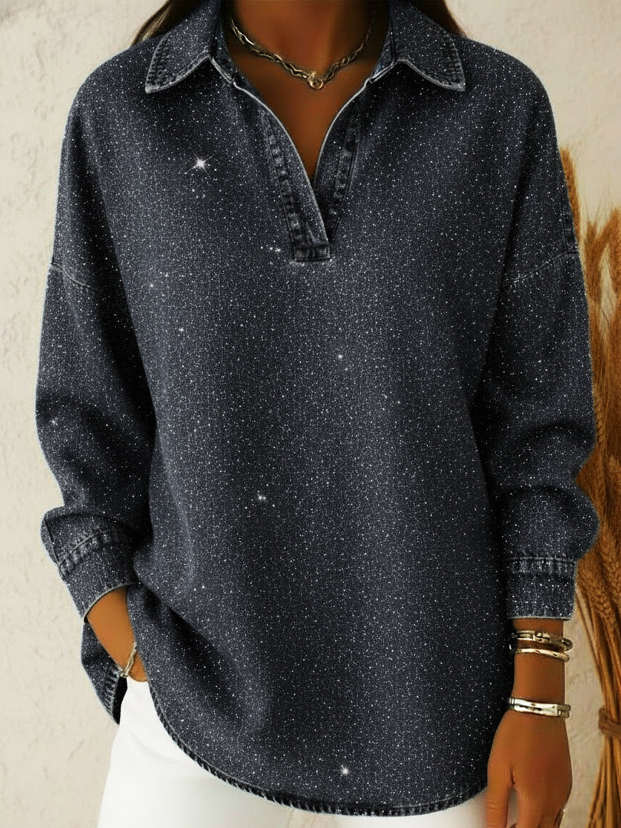 Shimmering Sequin-Detail Denim Polo Top – Effortless Style Meets Subtle Glam 50% OFF