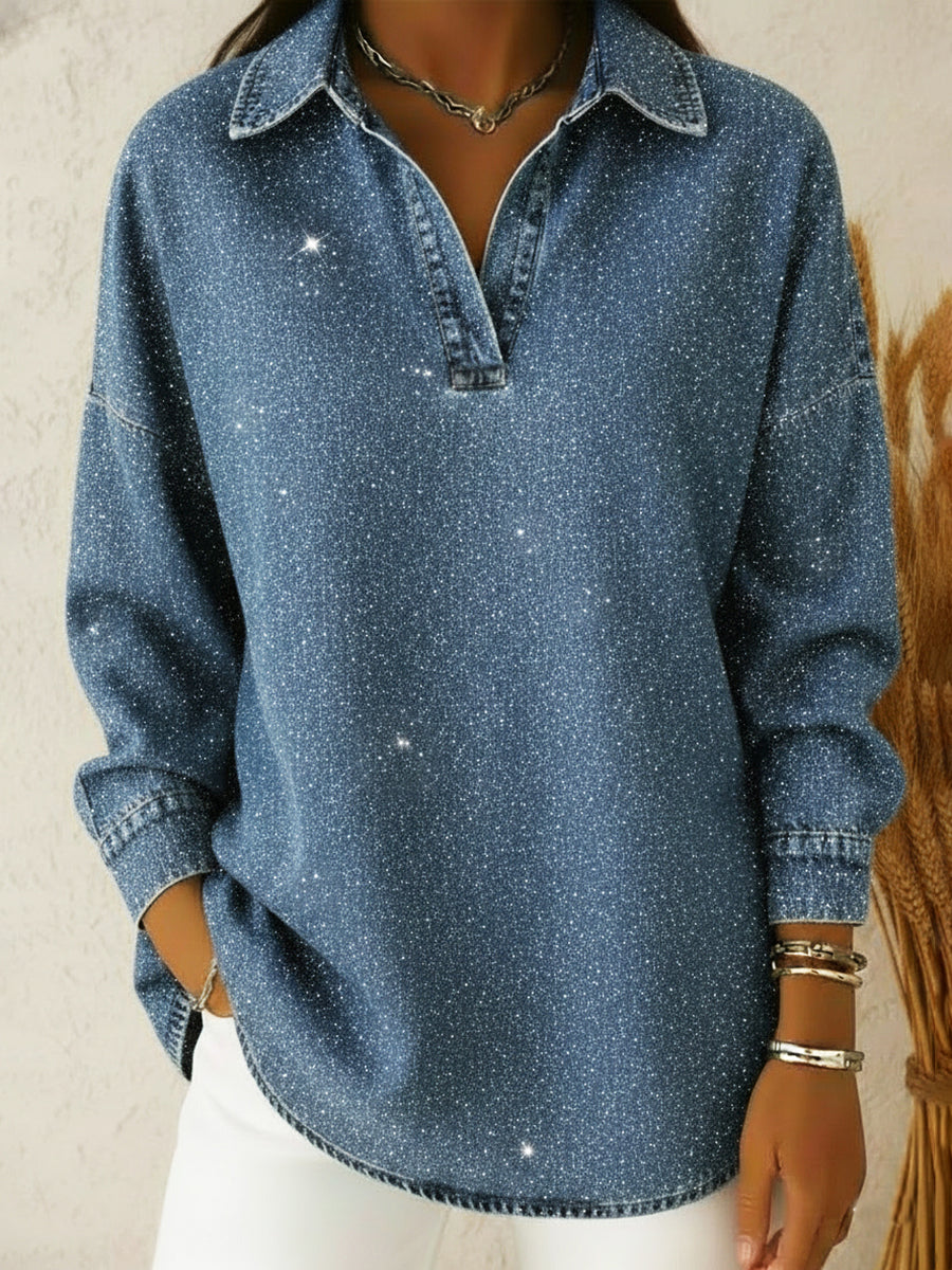Shimmering Sequin-Detail Denim Polo Top – Effortless Style Meets Subtle Glam 50% OFF
