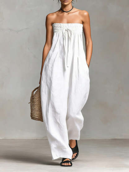 Women's Solid Color Strapless Casual Loose Cotton And Linen Jumpsuit