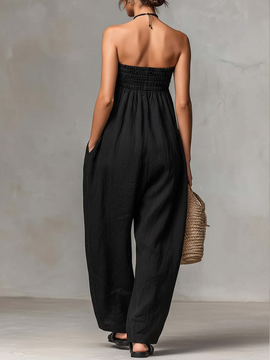 Women's Solid Color Strapless Casual Loose Cotton And Linen Jumpsuit